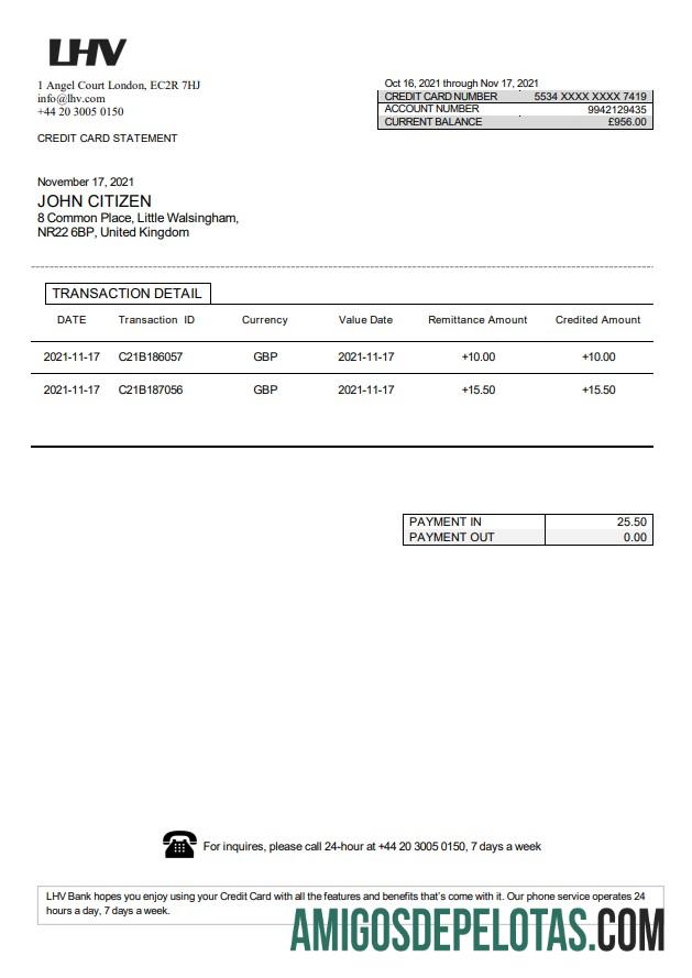 Exemplo de extrato bancário do Grupo LHV do Reino Unido em formato Word e PDF